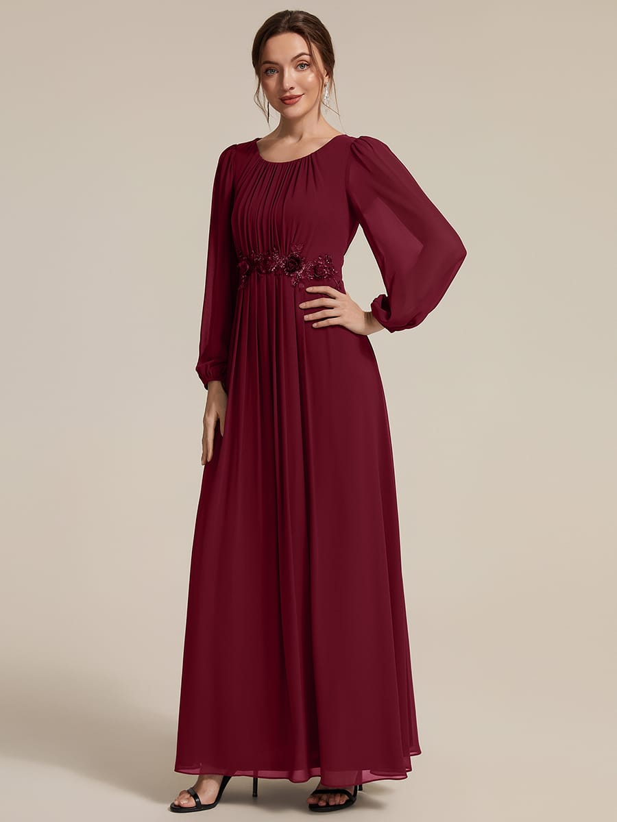 Chiffon Puff Sleeve A-line Dress #color_Burgundy