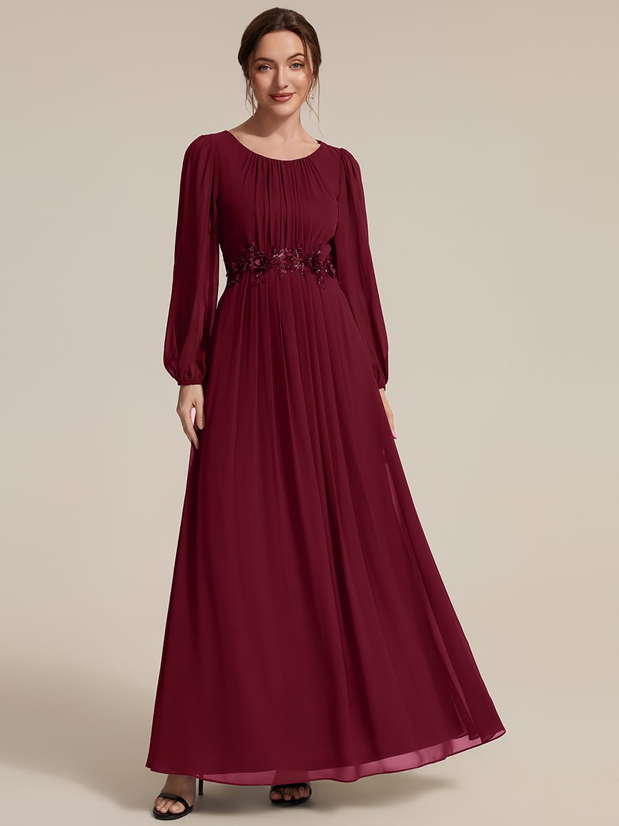 Chiffon Puff Sleeve A-line Dress #color_Burgundy