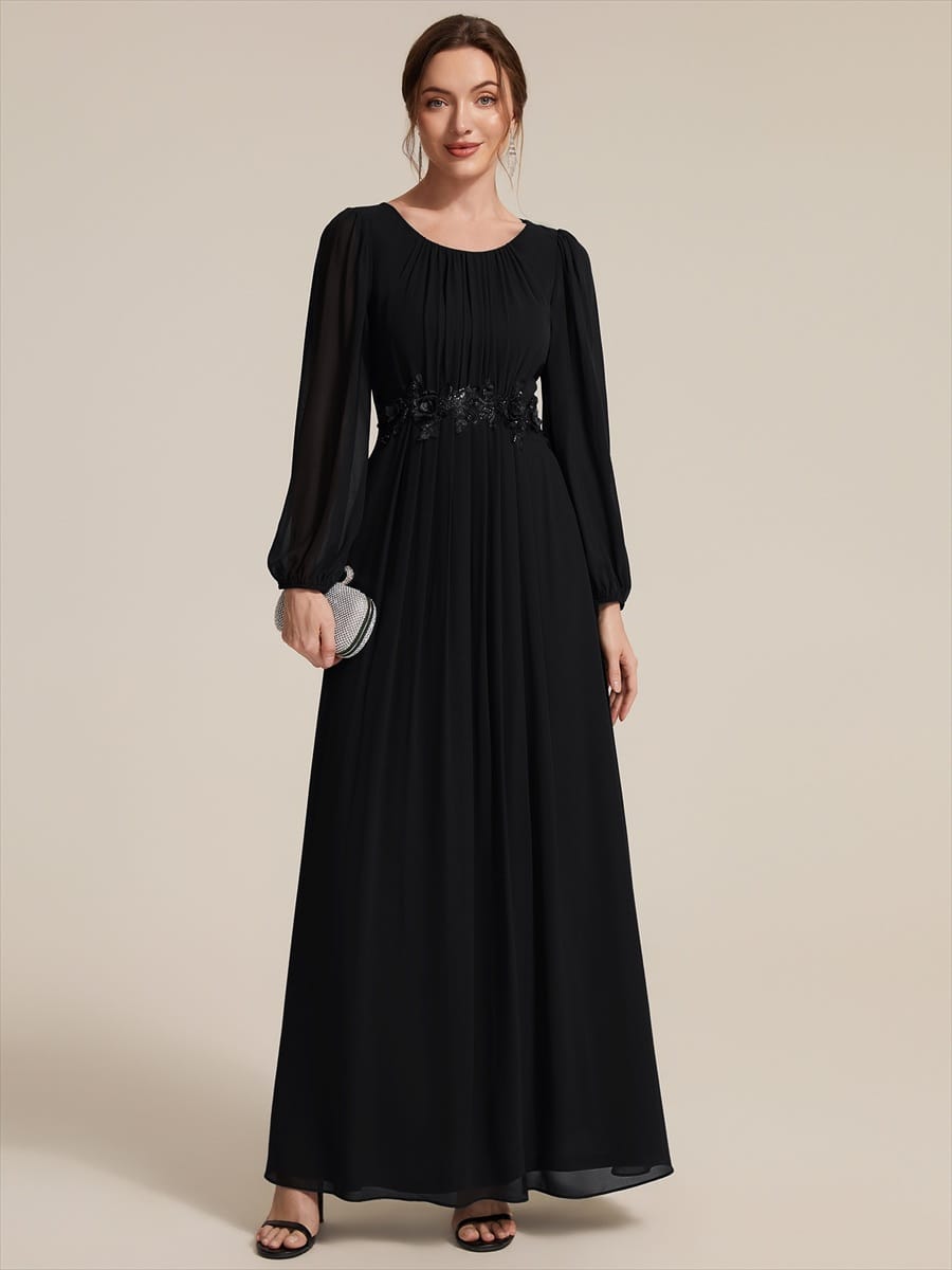 Chiffon Puff Sleeve A-line Dress #color_Black