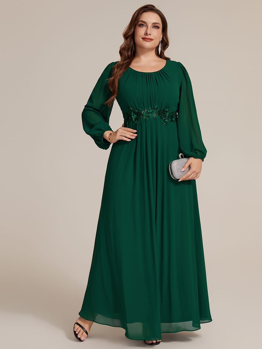 Chiffon Puff Sleeve A-line Dress #color_Dark Green