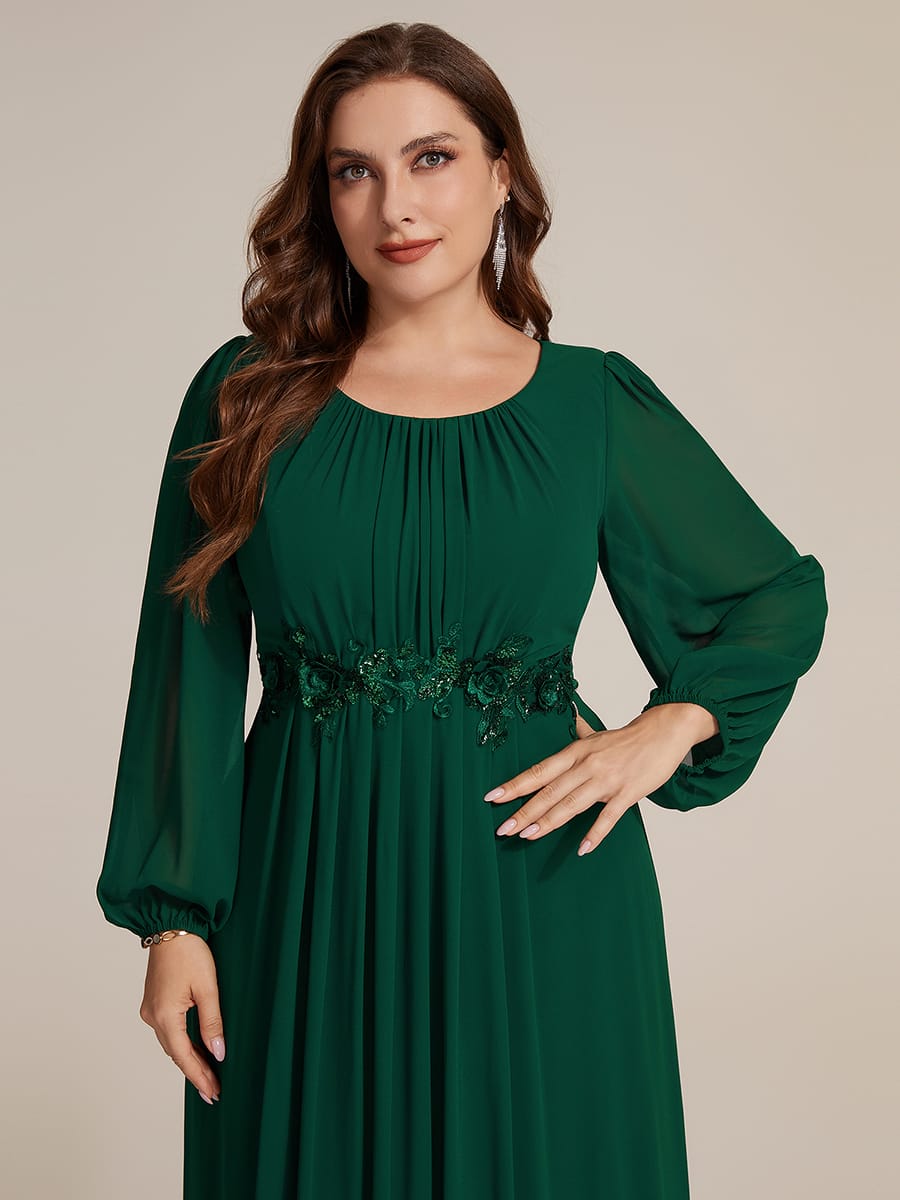 Chiffon Puff Sleeve A-line Dress #color_Dark Green