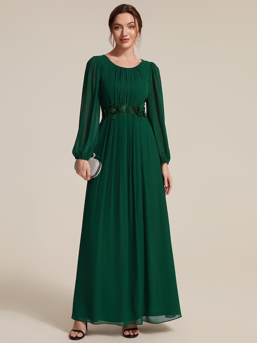 Chiffon Puff Sleeve A-line Dress #color_Dark Green