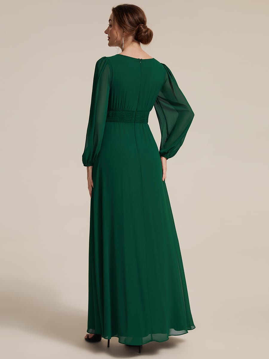 Chiffon Puff Sleeve A-line Dress #color_Dark Green