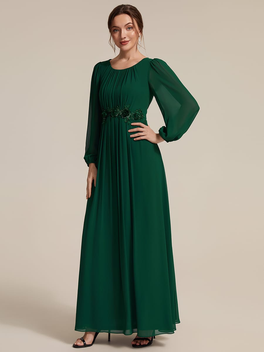 Chiffon Puff Sleeve A-line Dress #color_Dark Green