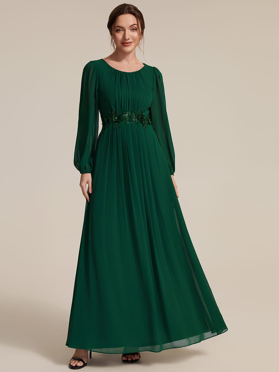 Chiffon Puff Sleeve A-line Dress #color_Dark Green