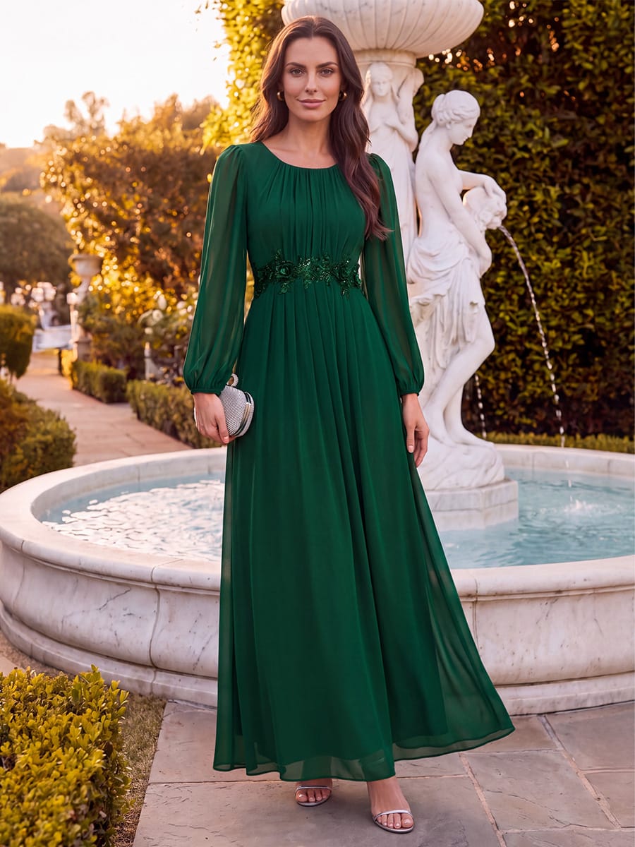 Chiffon Puff Sleeve A-line Dress #color_Dark Green