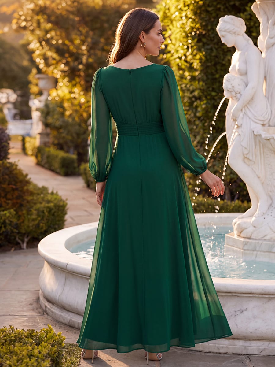 Chiffon Puff Sleeve A-line Dress #color_Dark Green