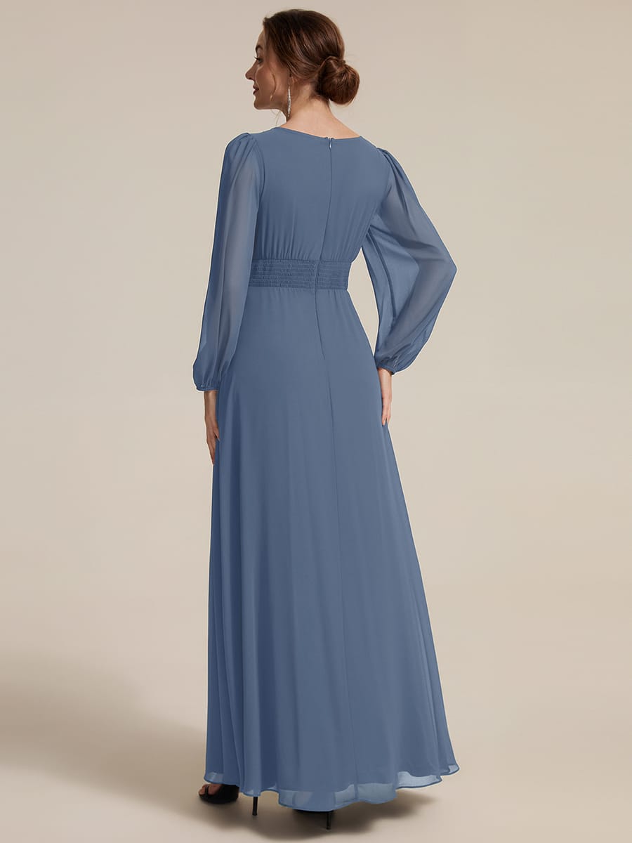 Chiffon Puff Sleeve A-line Dress #color_Dusty Blue