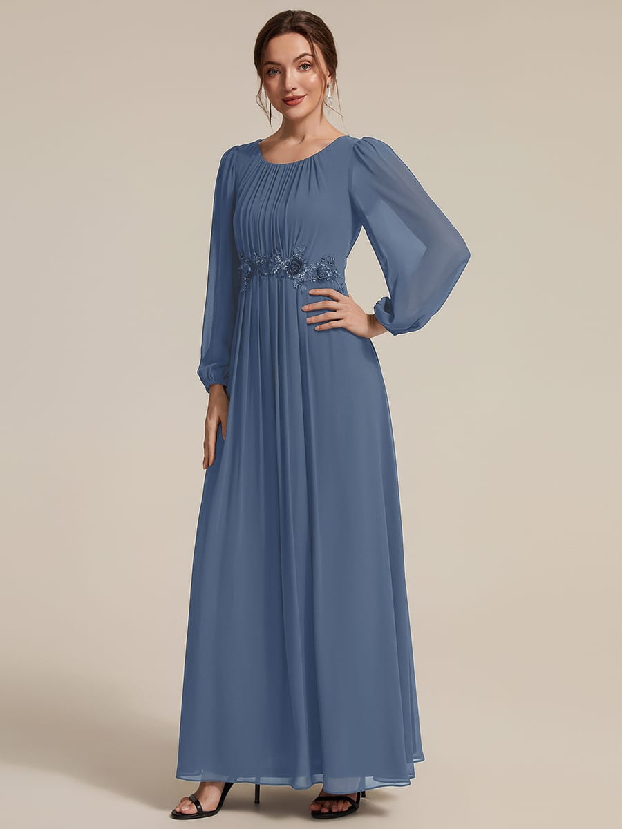 Chiffon Puff Sleeve A-line Dress #color_Dusty Blue