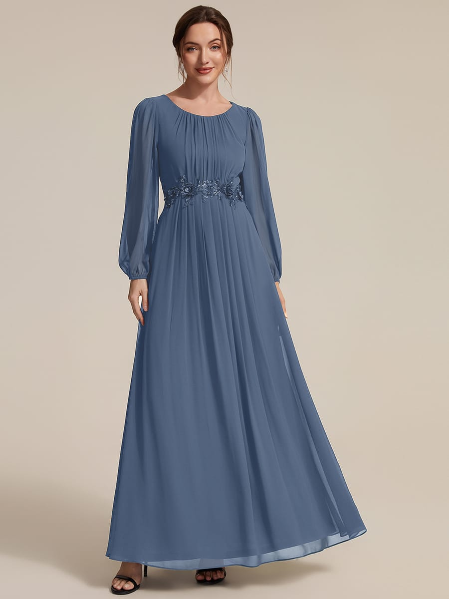 Chiffon Puff Sleeve A-line Dress #color_Dusty Blue