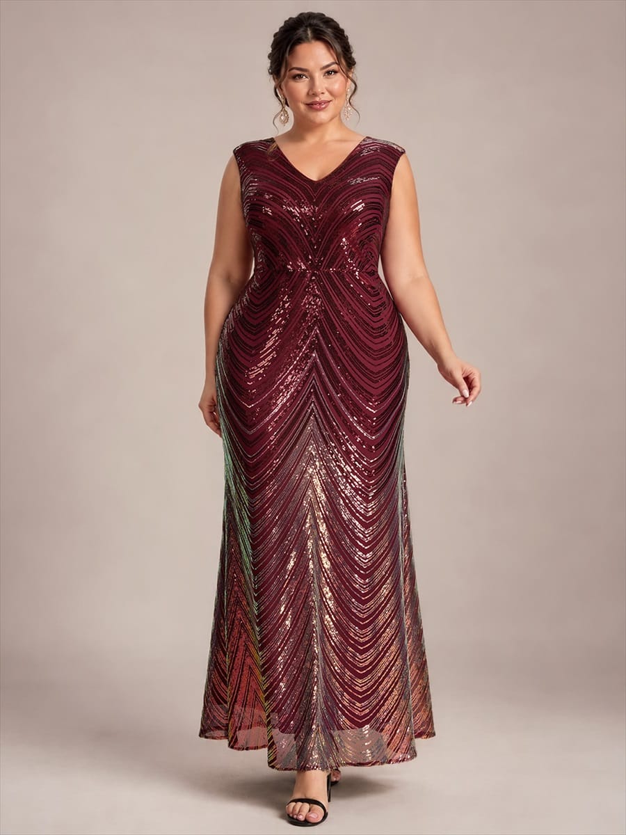 Sequin Cap Sleeve Mermaid Dress #color_Burgundy