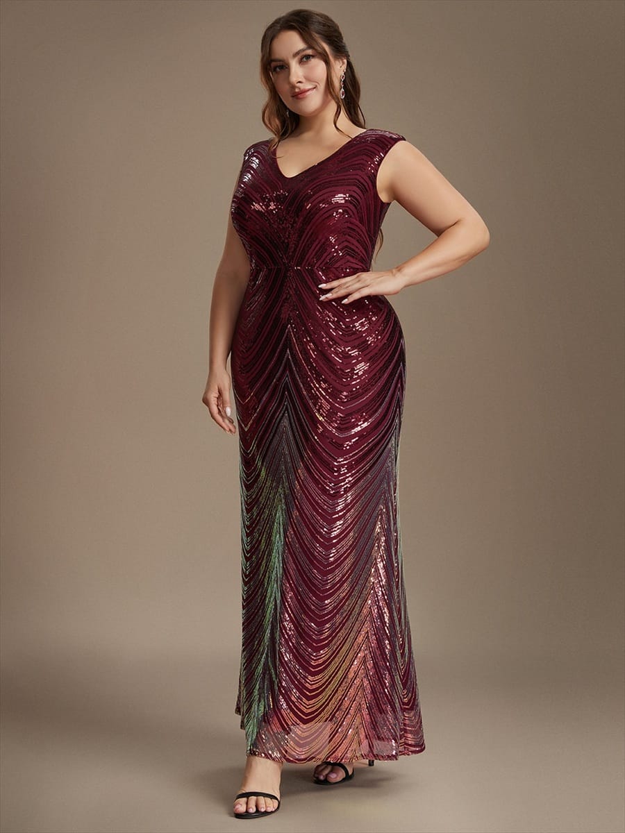 Sequin Cap Sleeve Mermaid Dress #color_Burgundy