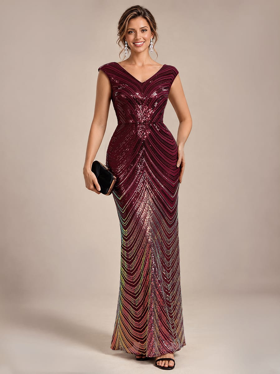 Sequin Cap Sleeve Mermaid Dress #color_Burgundy