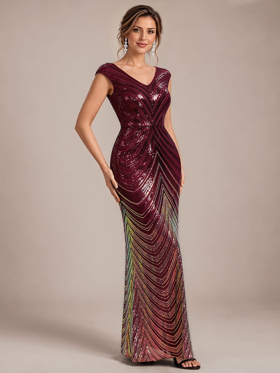 Sequin Cap Sleeve Mermaid Dress #color_Burgundy