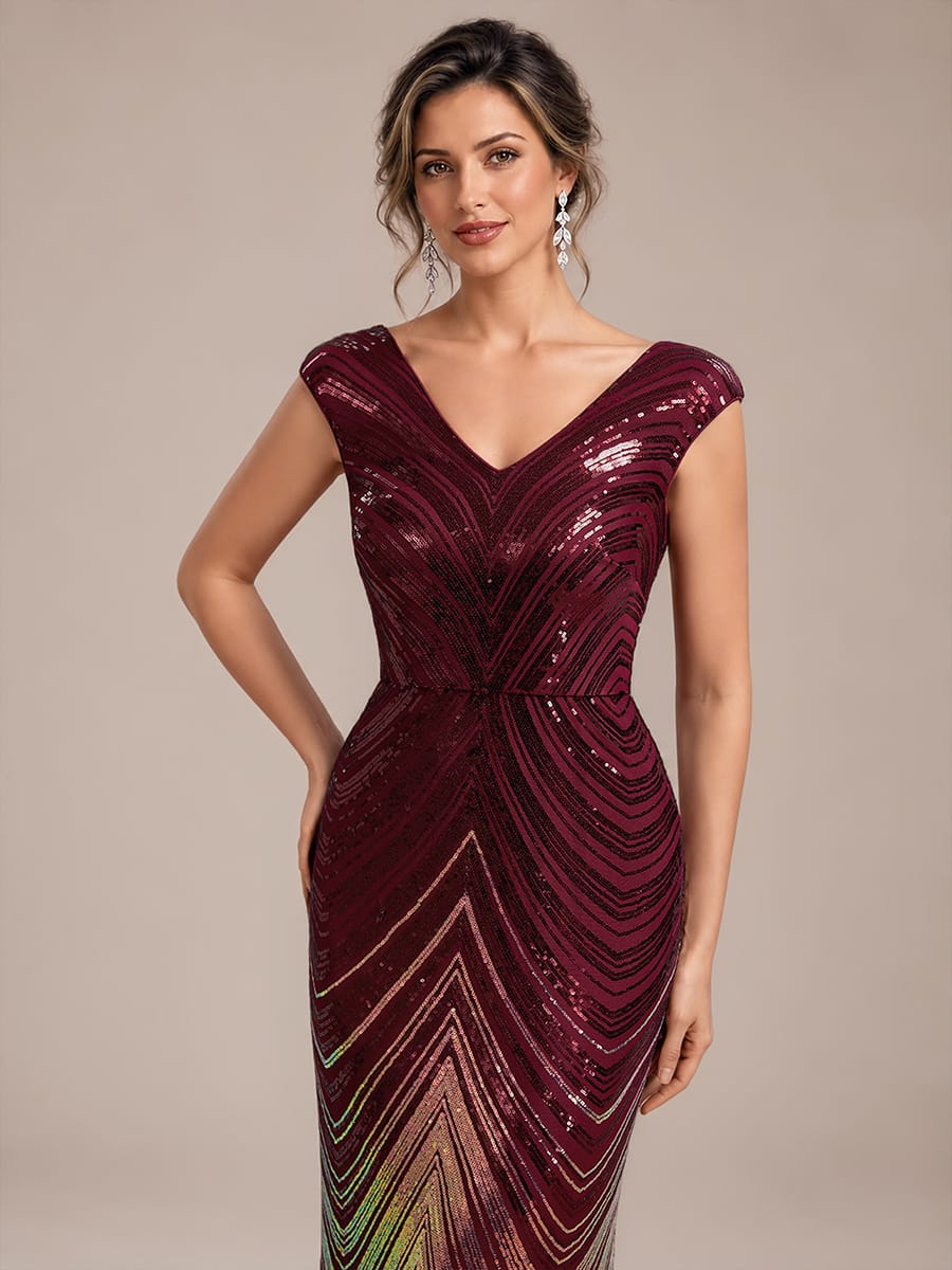 Sequin Cap Sleeve Mermaid Dress #color_Burgundy