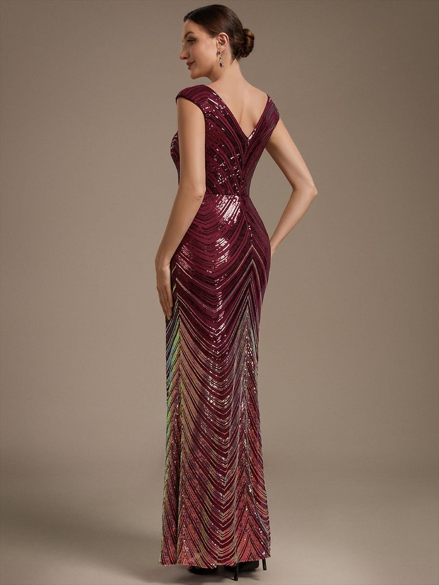 Sequin Cap Sleeve Mermaid Dress #color_Burgundy