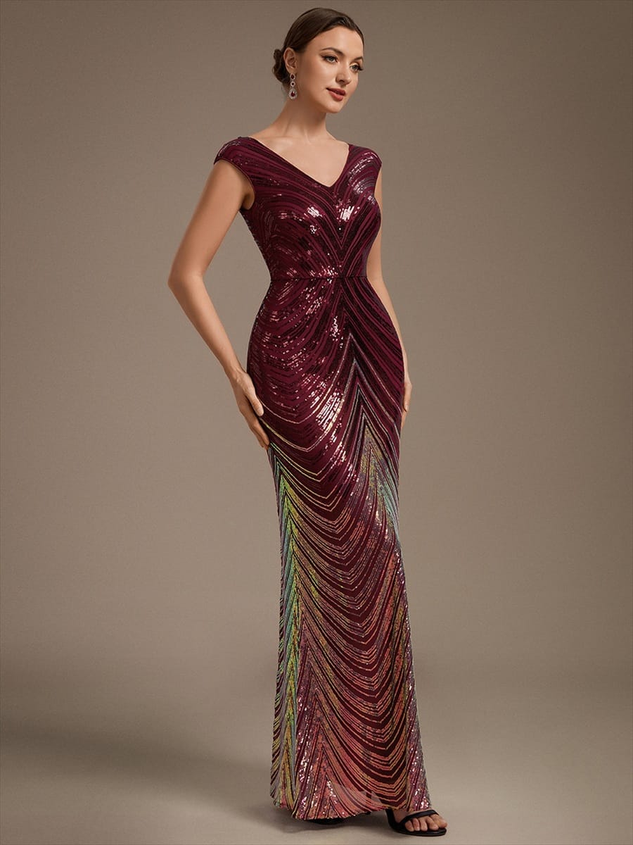 Sequin Cap Sleeve Mermaid Dress #color_Burgundy