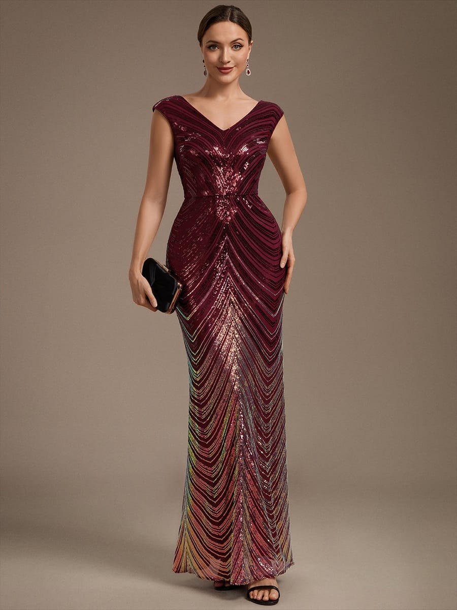 Sequin Cap Sleeve Mermaid Dress #color_Burgundy