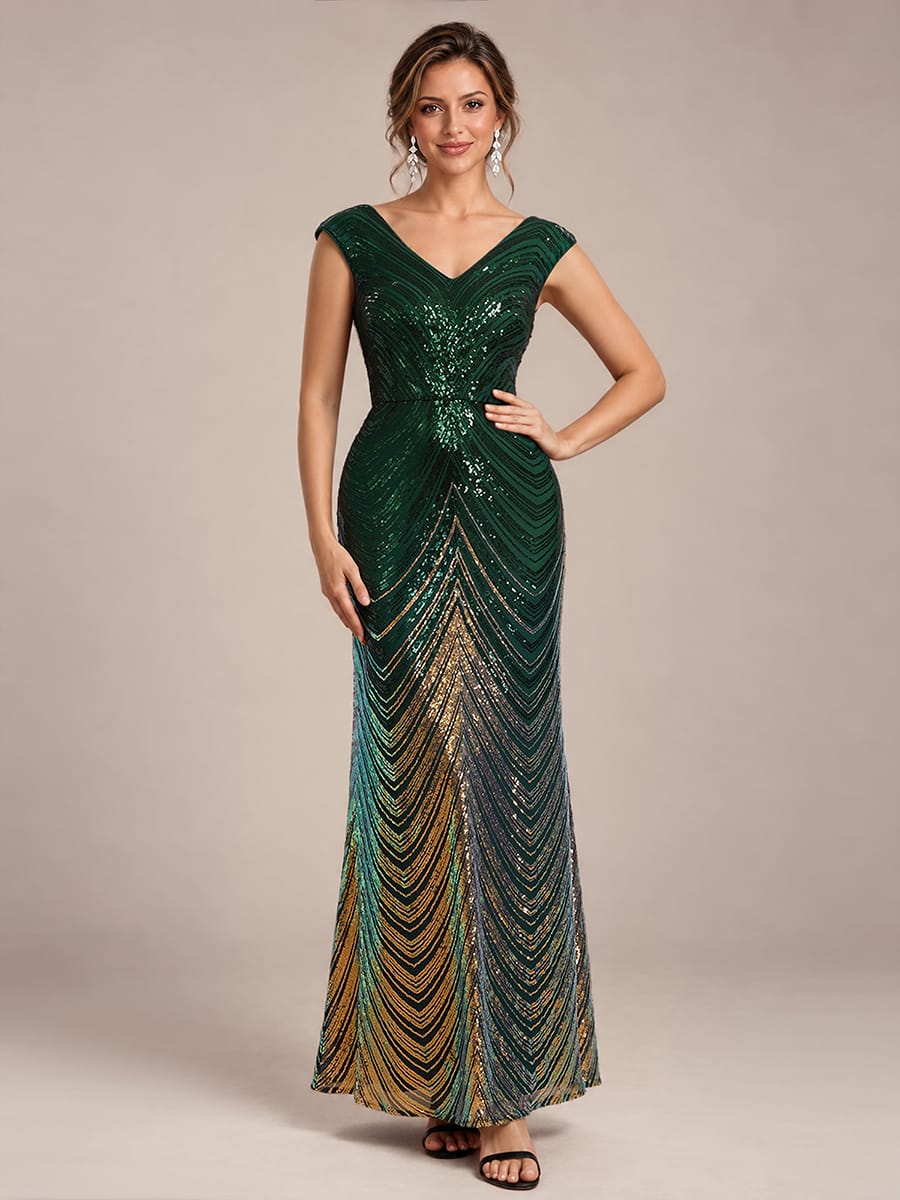 Sequin Cap Sleeve Mermaid Dress #color_Dark Green