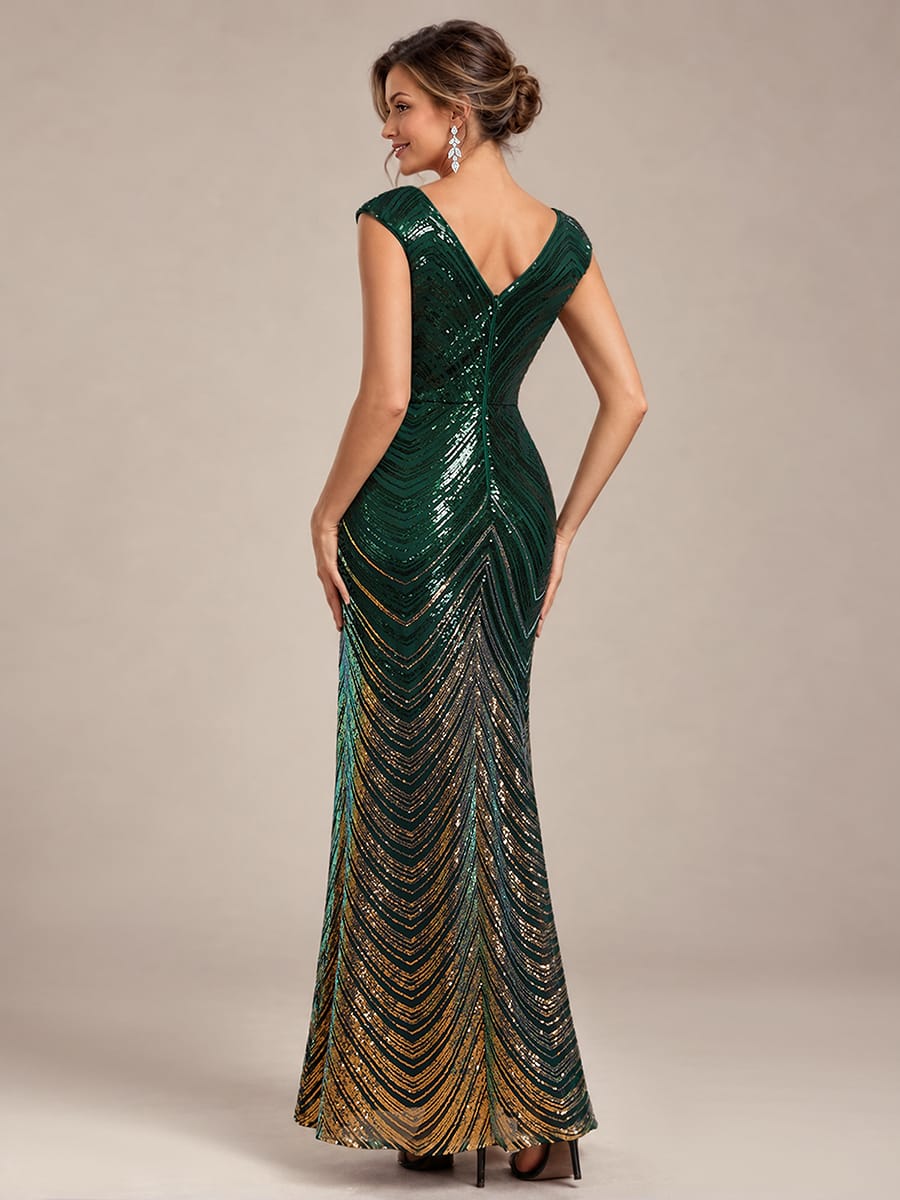 Sequin Cap Sleeve Mermaid Dress #color_Dark Green