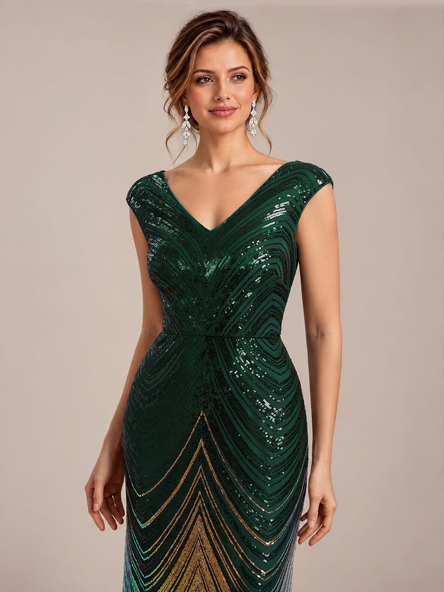Sequin Cap Sleeve Mermaid Dress #color_Dark Green