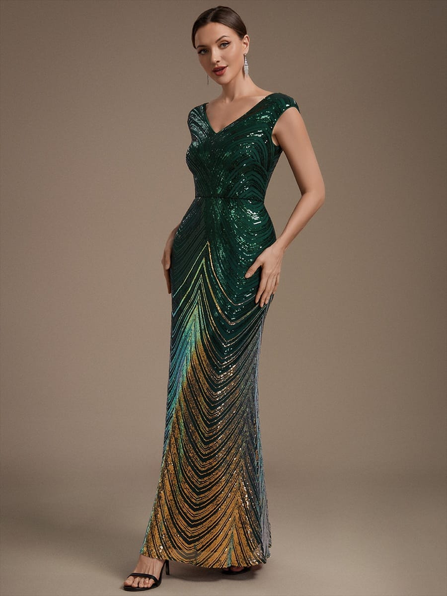 Sequin Cap Sleeve Mermaid Dress #color_Dark Green