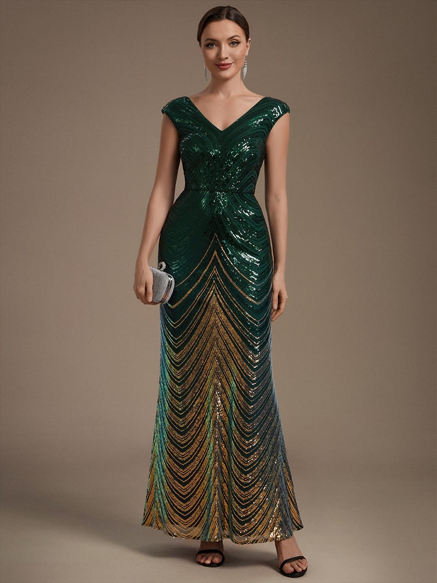 Sequin Cap Sleeve Mermaid Dress #color_Dark Green