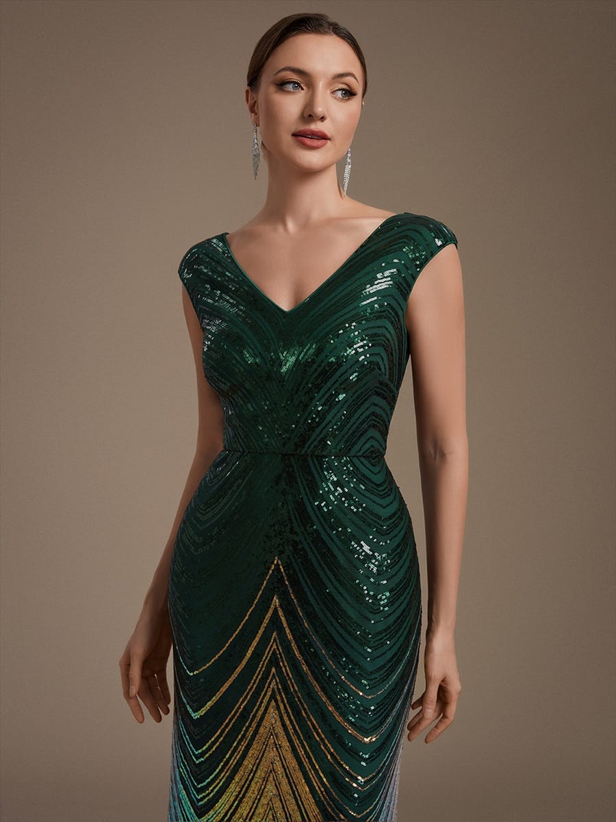 Sequin Cap Sleeve Mermaid Dress #color_Dark Green