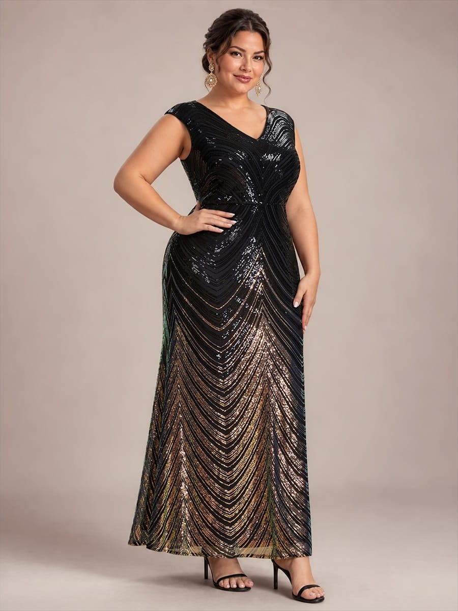 Sequin Cap Sleeve Mermaid Dress #color_Midnight Black&Gold