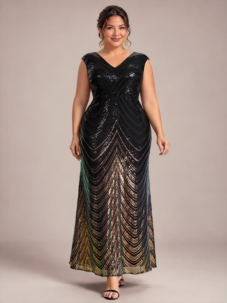 Sequin Cap Sleeve Mermaid Dress #color_Midnight Black&Gold