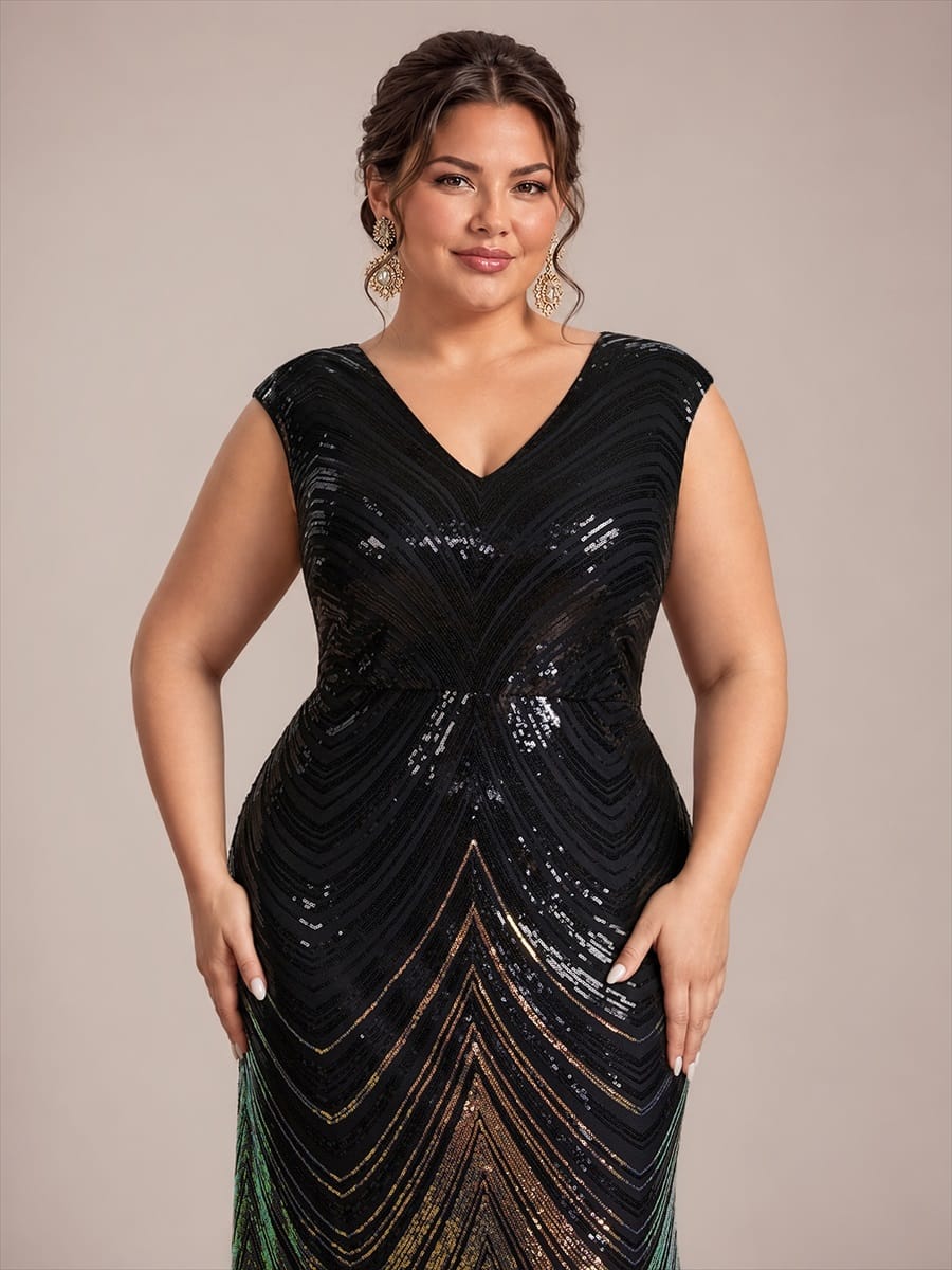 Sequin Cap Sleeve Mermaid Dress #color_Midnight Black&Gold