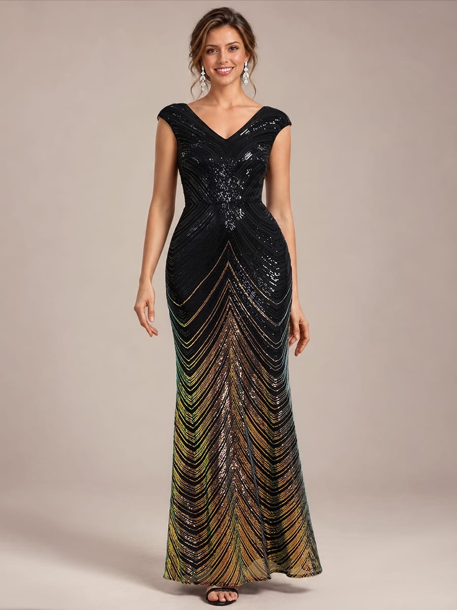 Sequin Cap Sleeve Mermaid Dress #color_Midnight Black&Gold