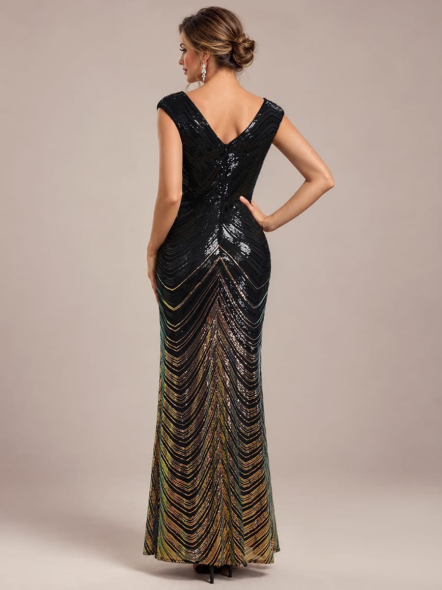 Sequin Cap Sleeve Mermaid Dress #color_Midnight Black&Gold
