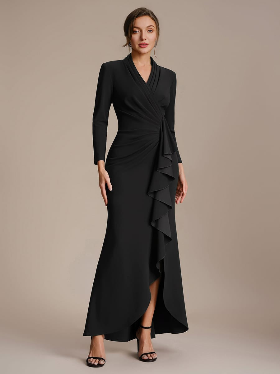 Ruffled Crepe Fitted Sleeve Dress #color_Black