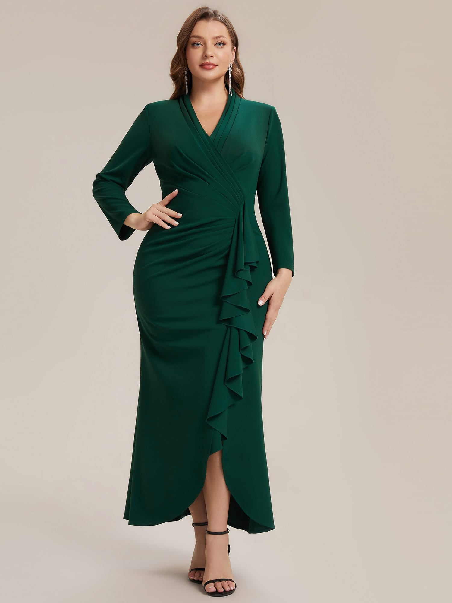 Ruffled Crepe Fitted Sleeve Dress #color_Dark Green