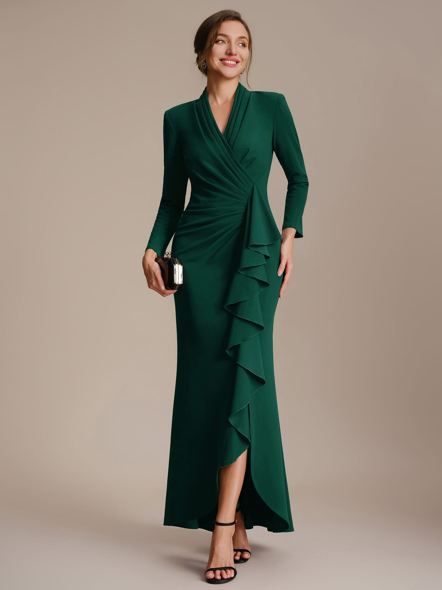 Ruffled Crepe Fitted Sleeve Dress #color_Dark Green