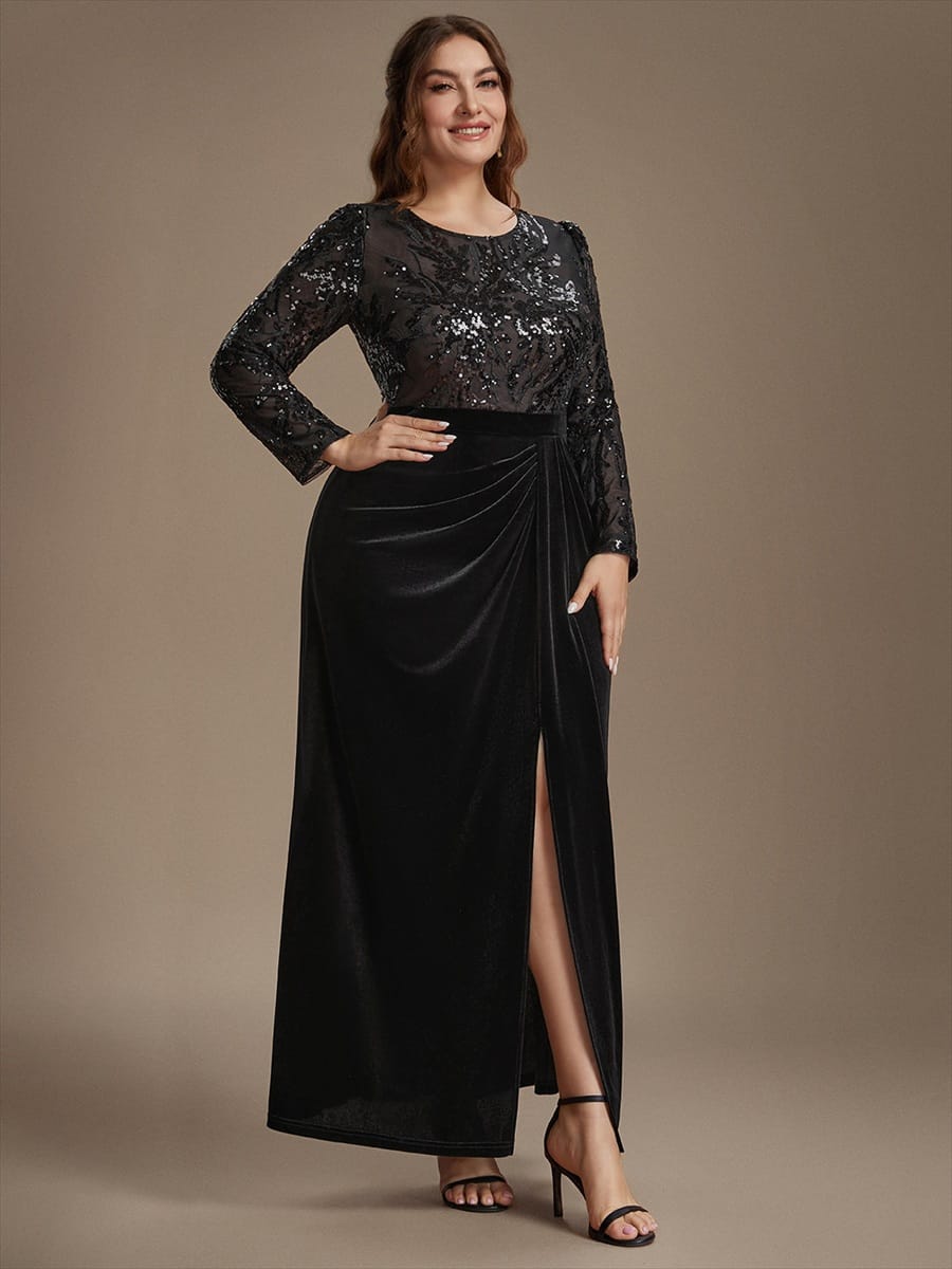 Velvet Maxi Length Round neckline Sheath Fitted sleeves It is not padded, with lining. Dress #color_Black