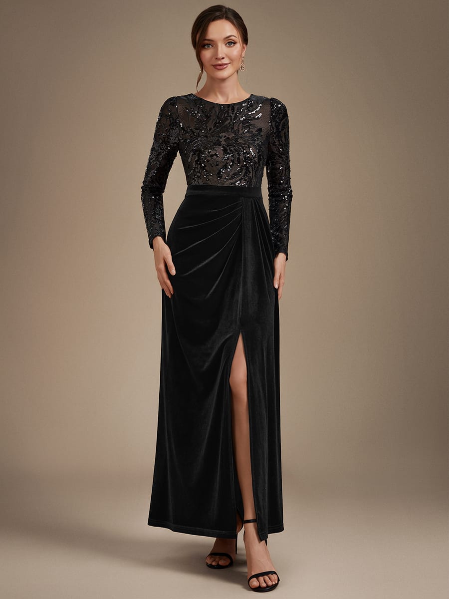 Velvet Maxi Length Round neckline Sheath Fitted sleeves It is not padded, with lining. Dress #color_Black