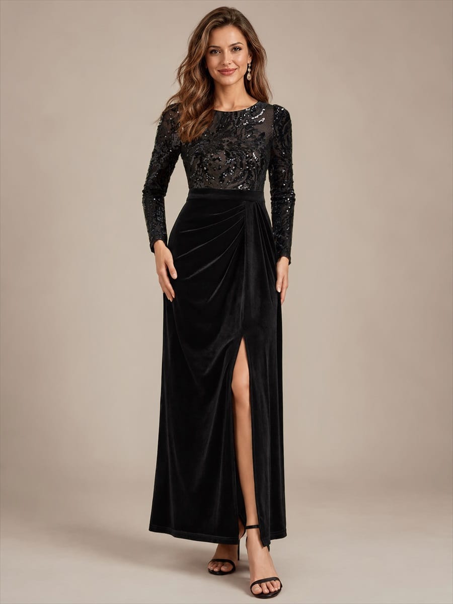 Velvet Maxi Length Round neckline Sheath Fitted sleeves It is not padded, with lining. Dress #color_Black