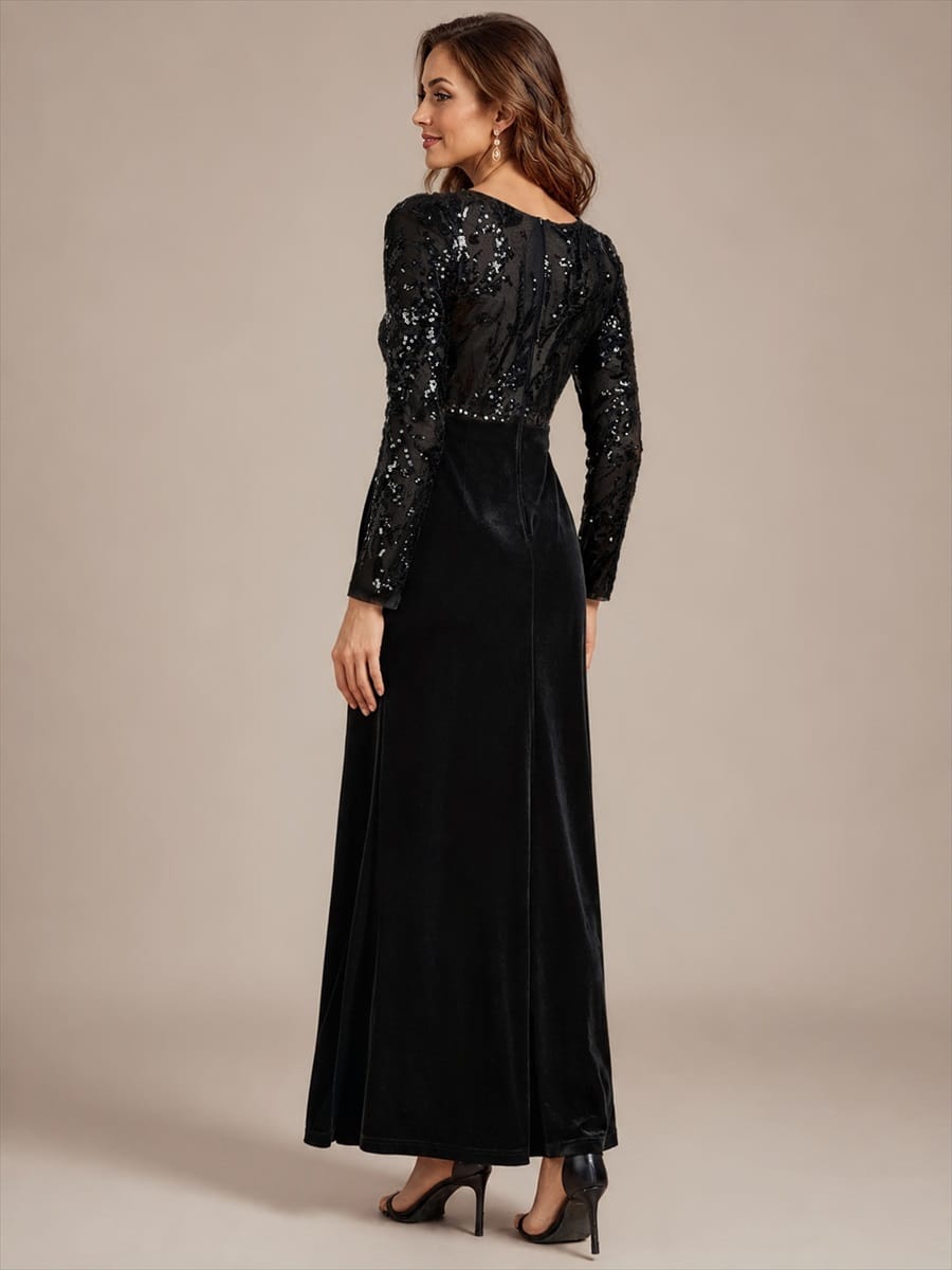 Velvet Maxi Length Round neckline Sheath Fitted sleeves It is not padded, with lining. Dress #color_Black