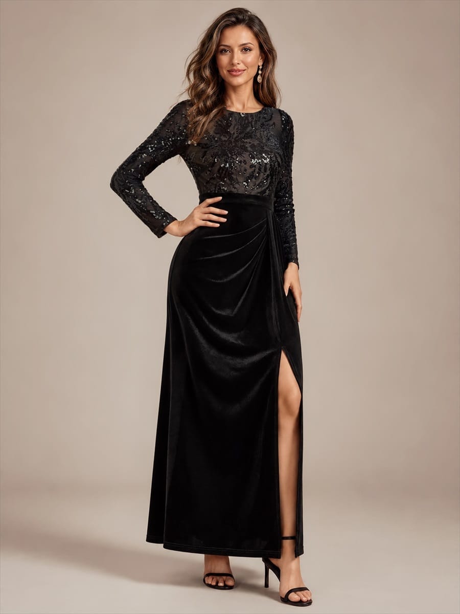 Velvet Maxi Length Round neckline Sheath Fitted sleeves It is not padded, with lining. Dress #color_Black