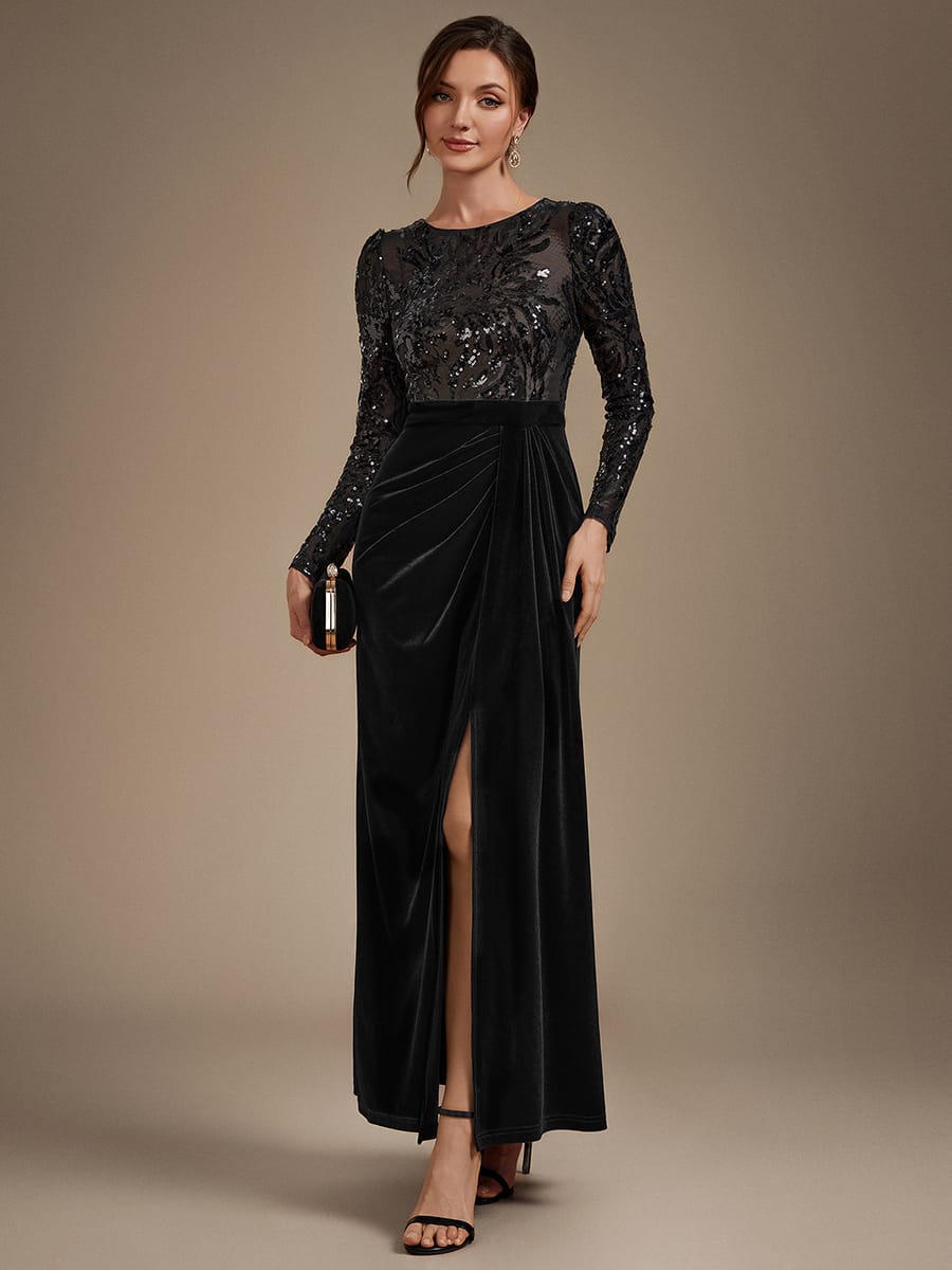 Velvet Maxi Length Round neckline Sheath Fitted sleeves It is not padded, with lining. Dress #color_Black