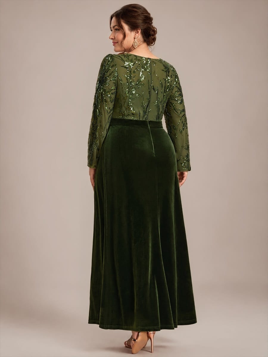 Velvet Maxi Length Round neckline Sheath Fitted sleeves It is not padded, with lining. Dress #color_Olive Green