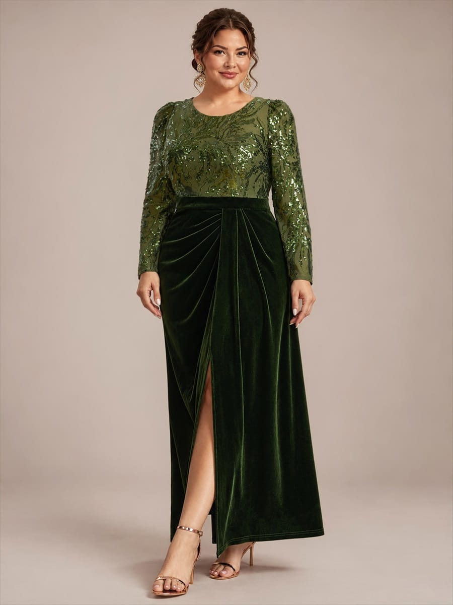 Velvet Maxi Length Round neckline Sheath Fitted sleeves It is not padded, with lining. Dress #color_Olive Green
