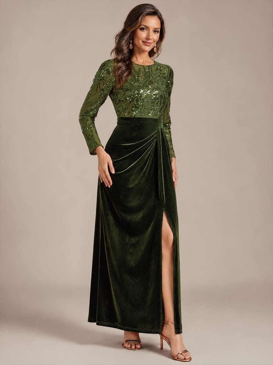 Velvet Maxi Length Round neckline Sheath Fitted sleeves It is not padded, with lining. Dress #color_Olive Green