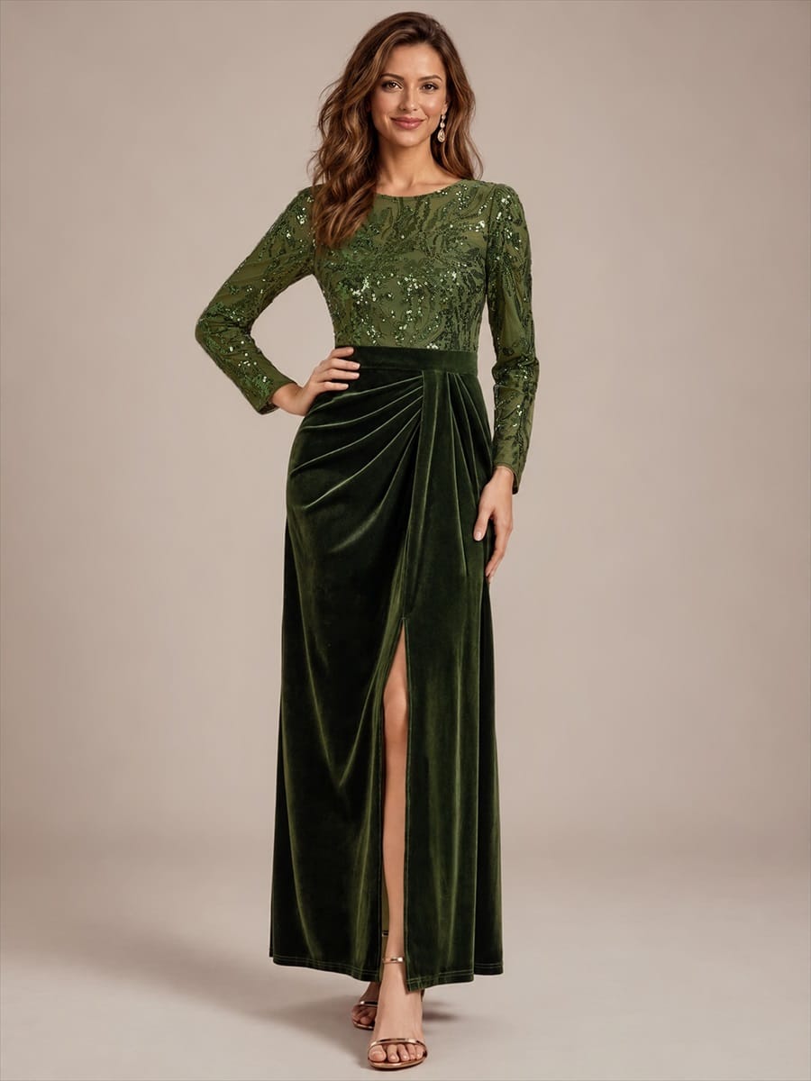 Velvet Maxi Length Round neckline Sheath Fitted sleeves It is not padded, with lining. Dress #color_Olive Green