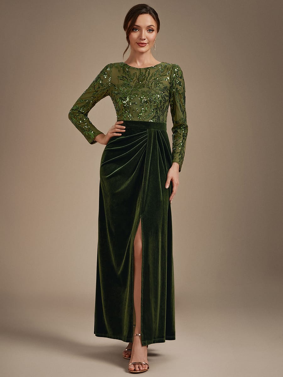 Velvet Maxi Length Round neckline Sheath Fitted sleeves It is not padded, with lining. Dress #color_Olive Green
