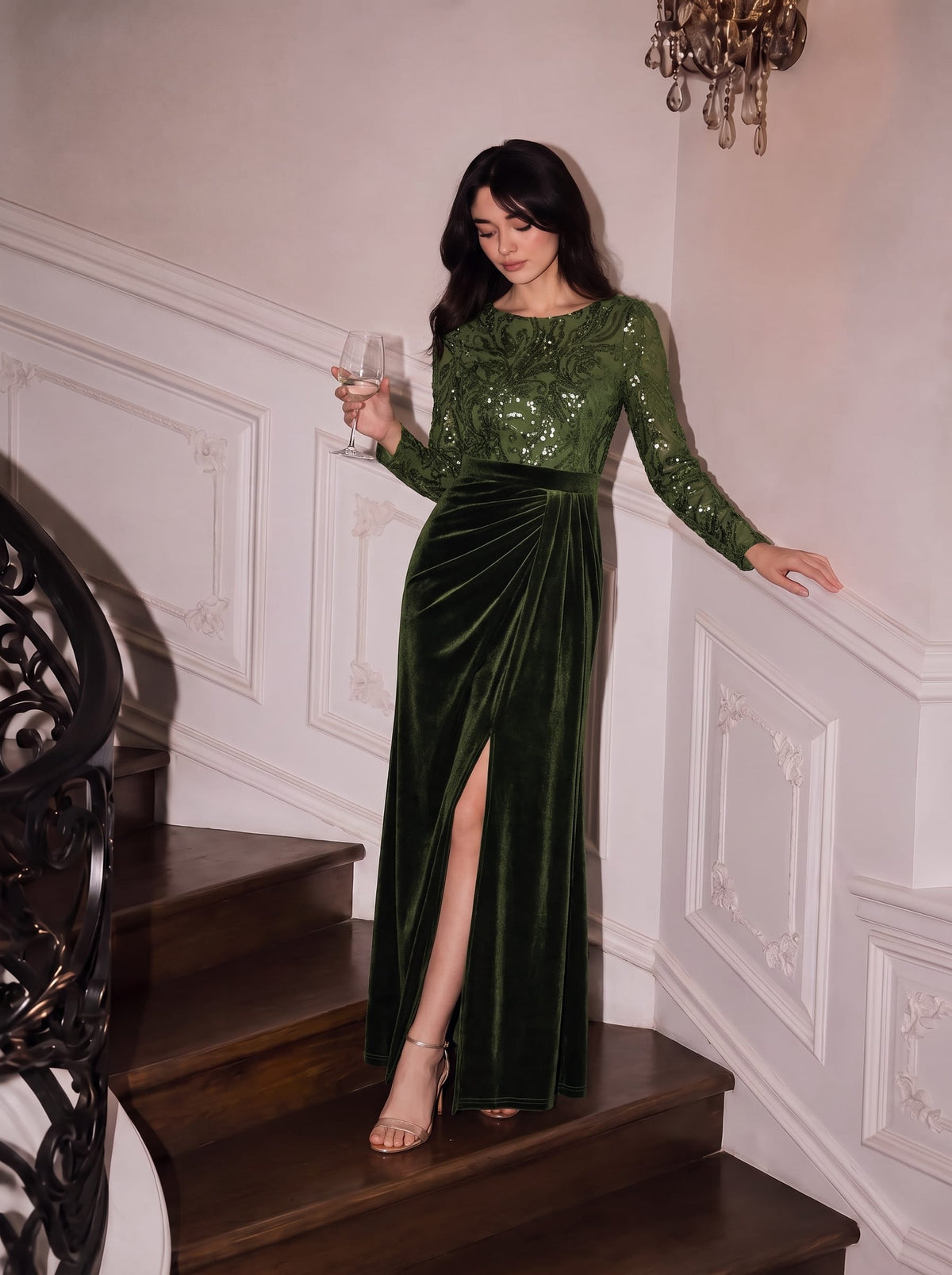 Velvet Maxi Length Round neckline Sheath Fitted sleeves It is not padded, with lining. Dress #color_Olive Green