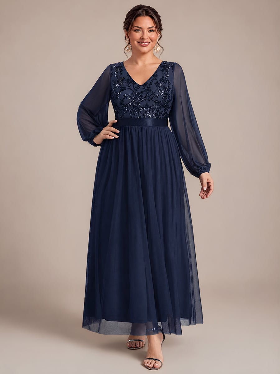 Tulle Maxi Length V-neckline A-line Puff Sleeve Back zipper Evening Dresses #color_Navy Blue
