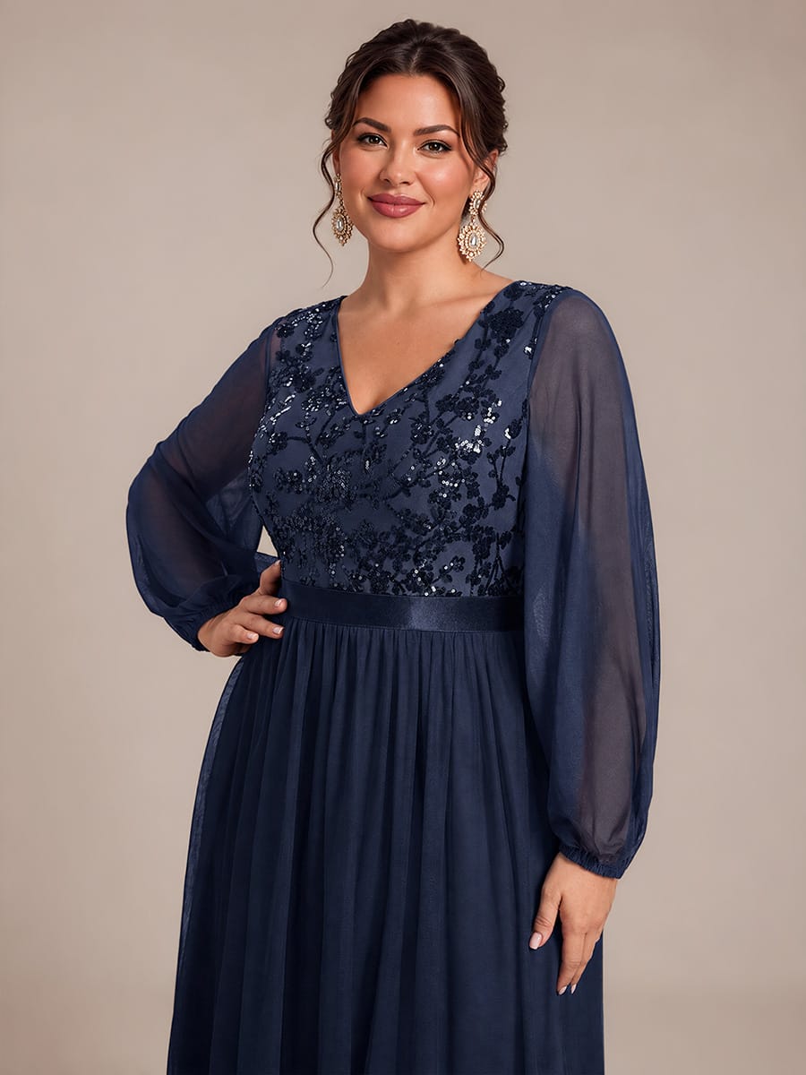 Tulle Maxi Length V-neckline A-line Puff Sleeve Back zipper Evening Dresses #color_Navy Blue